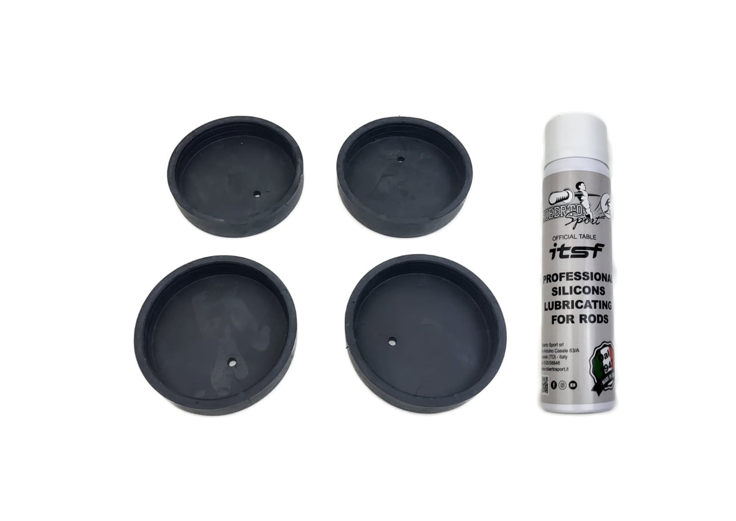 Kit di 4 tappi per piedini diam. 80mm e 1 bomboletta spray lubrificante